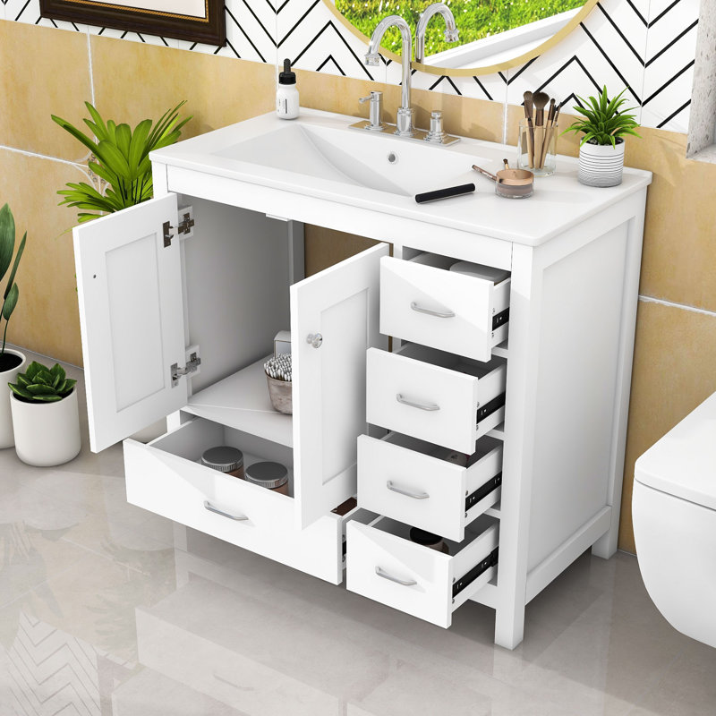 Ensemble de meuble-lavabo 36 po avec lavabo en céramique, 2 portes à fermeture douce et 5 tiroirs, Blanc