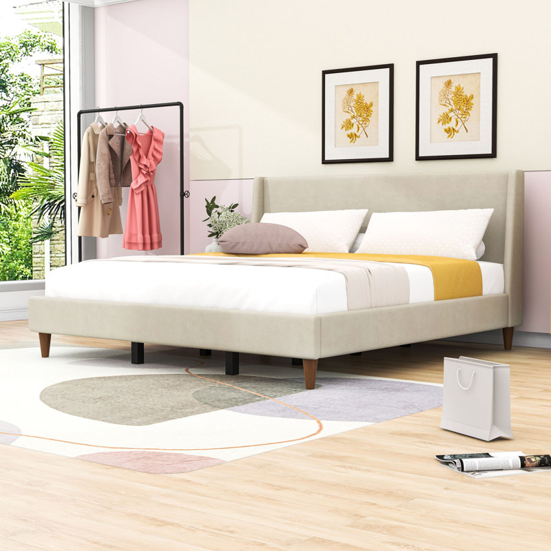 Lit plateforme tapissier avec tête de lit et pieds en bois, Très grand
