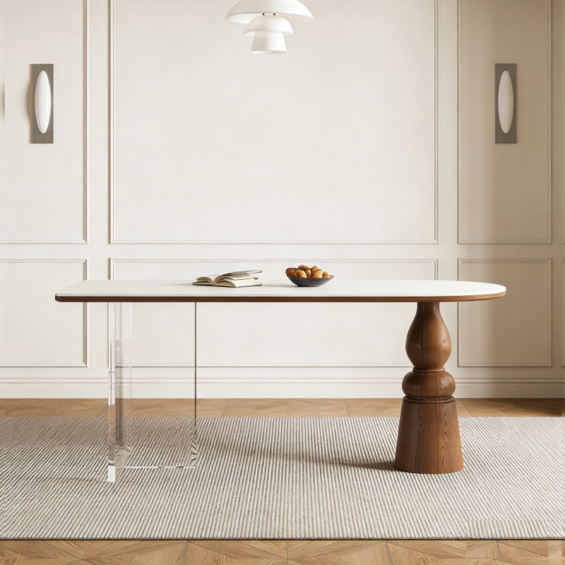 Mid-Century Acacia Wood & Rock Dining Table, 29.5"H x 70.9"L x 31.5"W