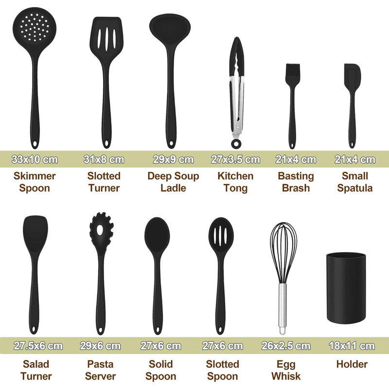 Kitchen Utensils Set Of 12, Silicone Cooking Utensils Set With Holder For Baking, Cooking, Non Stick & Heat Resistant Cookware Include Spatula Whisk Spoon Turner Tongs, Dishwasher Safe (Black)