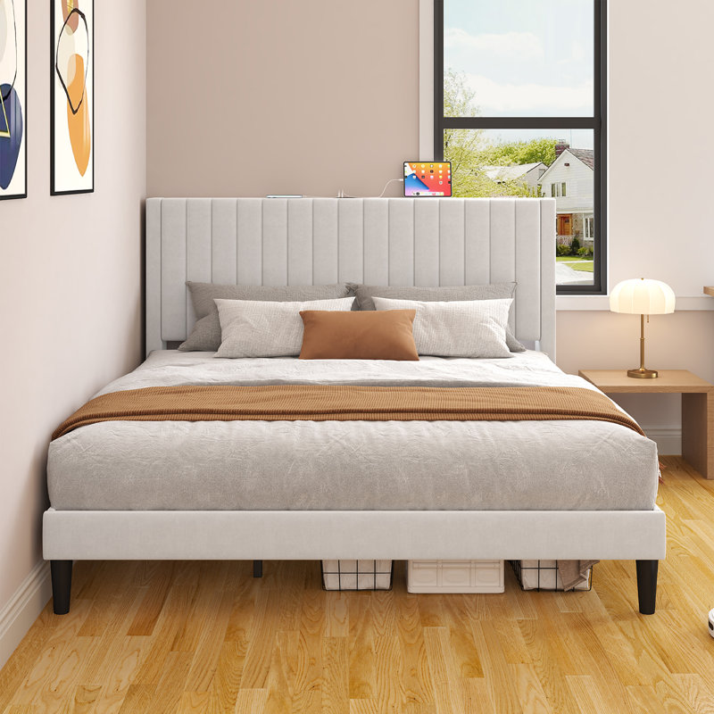 Alti 44.8'' Velvet Upholstered Tufted Bed with Charging Station, King, Black