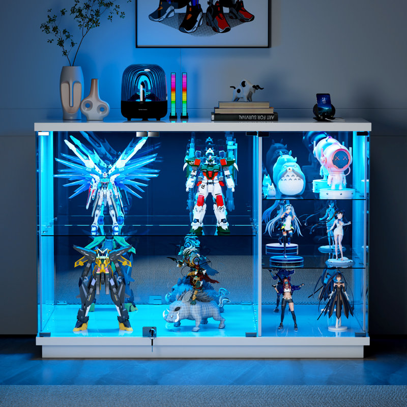 Premium Display Sideboard with Tri-Color Sensor, Removable Glass Shelves and Lock, White