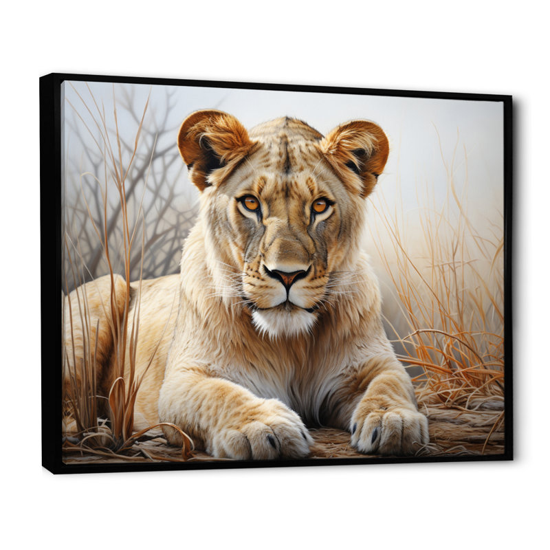 Lionne d'Afrique, puissance I - art mural africain pour le salon, Cadre flottant noir, H 30 po x l 40 po x P 1,5 po