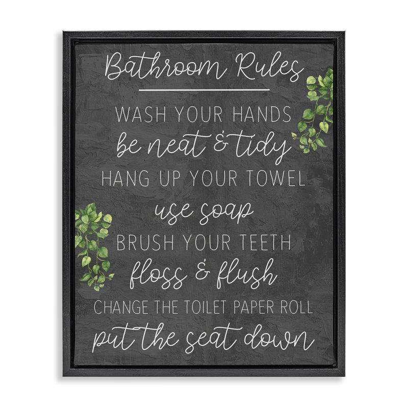 «Bathroom Rules with Greenery Floater», art mural sur toile par Kim Allen, Cadre flottant noir de jais, H 21 po x l 17 po