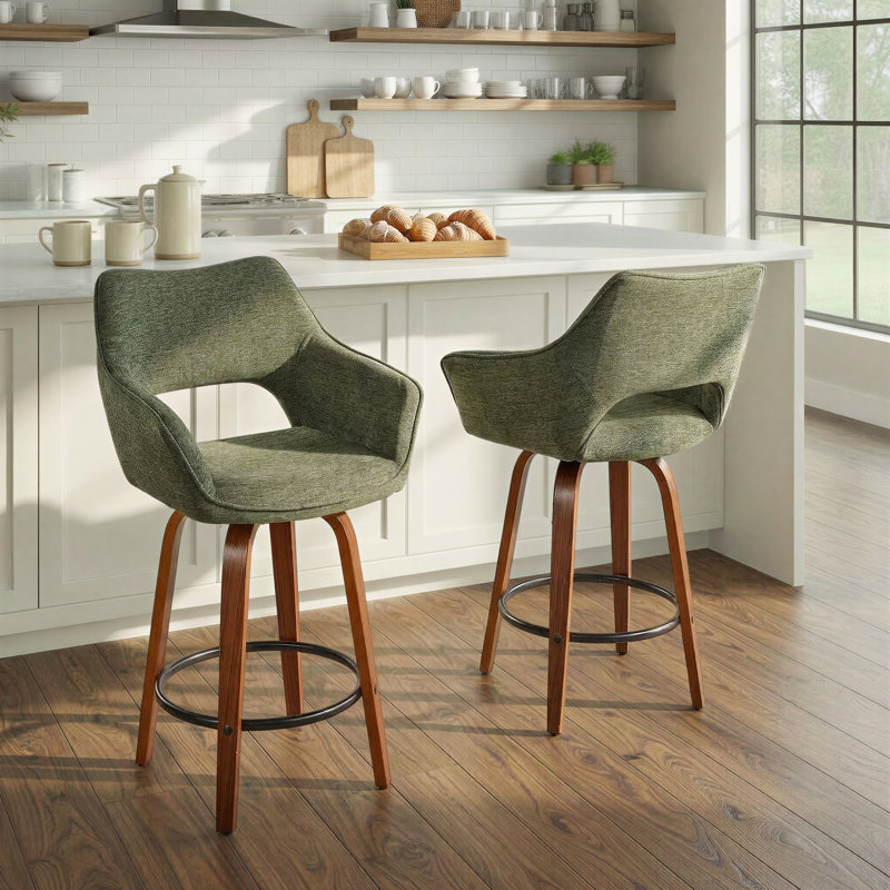 Sarah Fixed-Height Fabric Bar & Counter Stool with Bent Wood Legs & Round Footrest, Counter Stool (26" Seat Height)