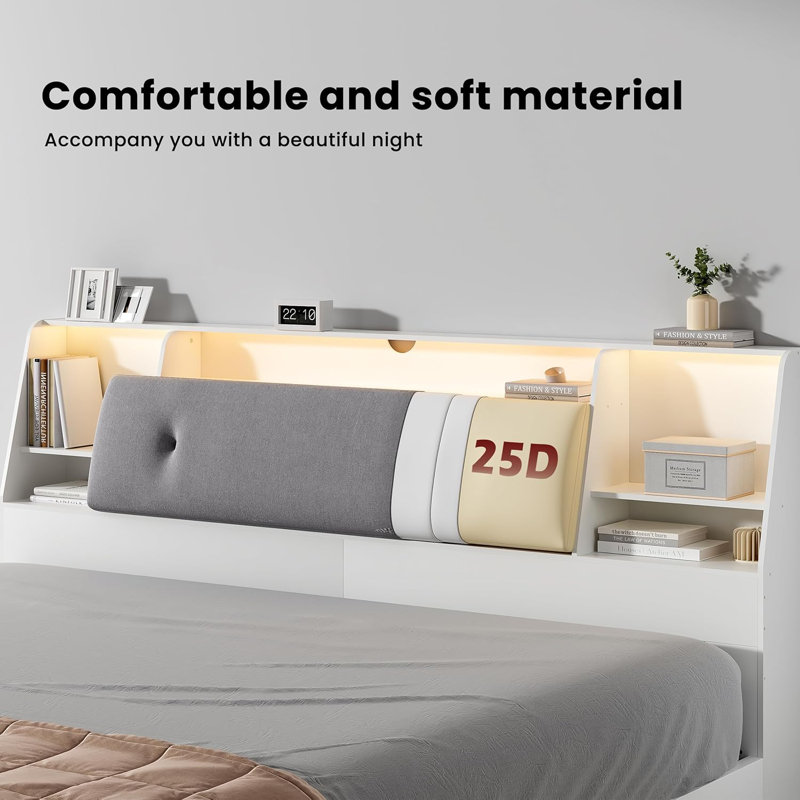 2 in 1 Bookcase Headboard With Charging Station & 2 Led Lights,Removeable Upholstered Panel, White, Queen
