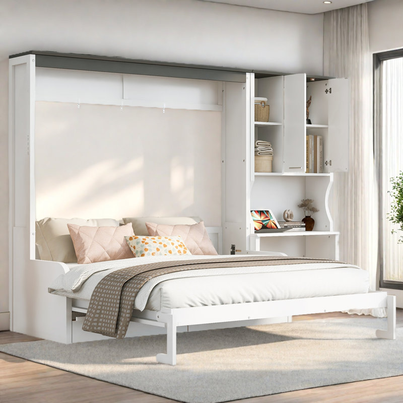 Lit escamotable pliable multifonctionnel avec canapé intégré, lit escamotable en bois avec bureau et armoire de rangement