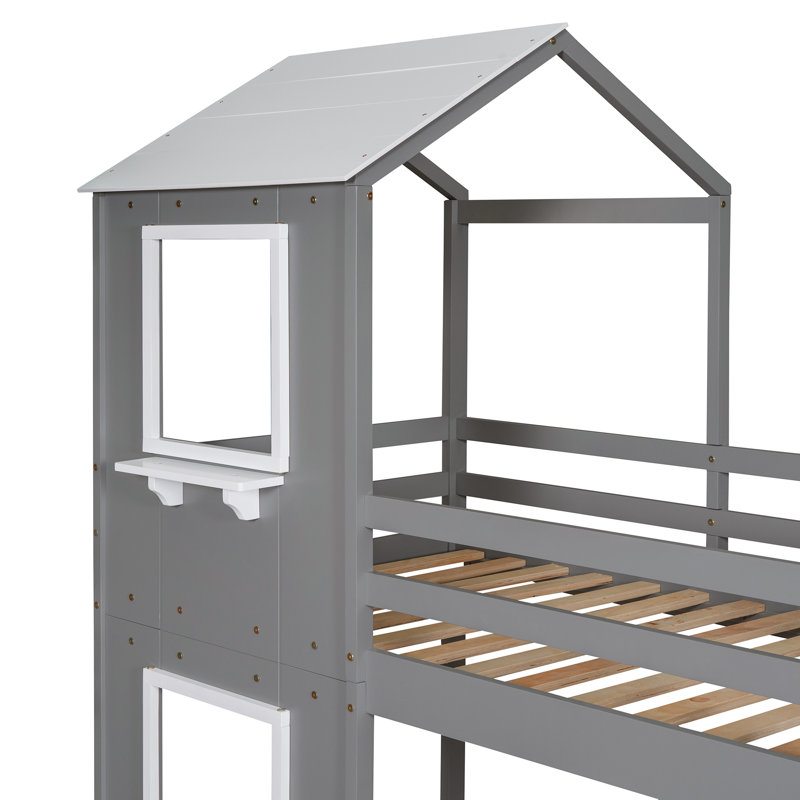 Willow Bunk Bed With Roof, Playhouse Design, Pinewood Frame, Grey