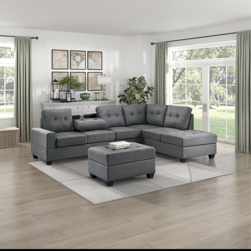 111" Modern & Contemporary 3-Piece Reversible Sectional Sofa - Microfiber Sectional Sofa, Drop-Down Cup Holders Sofa Chaise Ottoman Storage