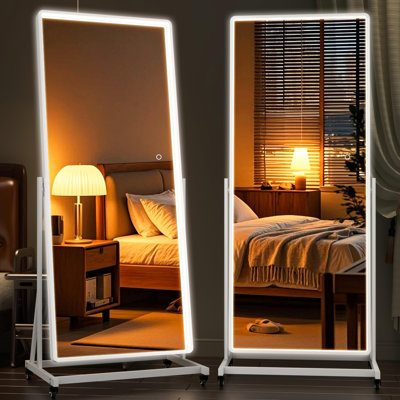 Full-body Rolling Mirror with LED Lights and Wheels, 65" x 18" Home Gym Mirrors with 360° Rotation, Dimmable & 3 Color Lighting Cloakroom, Tempered Glass & Metal Frame, Use for Bedroom, Dance Studio