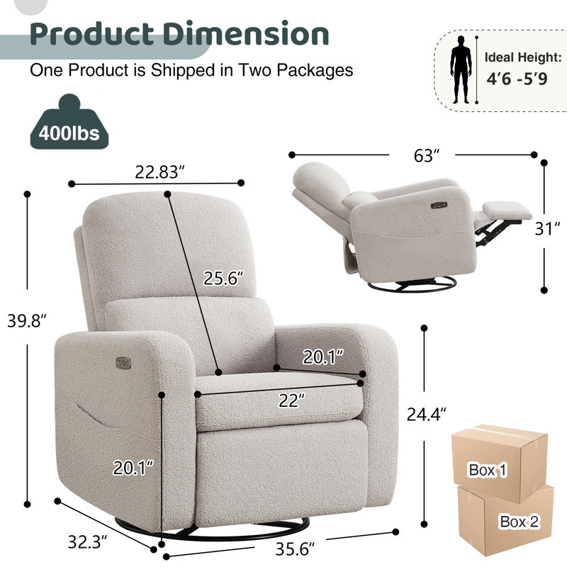 Gray Faux Leather Swivel Rocker Recliner with USB Port