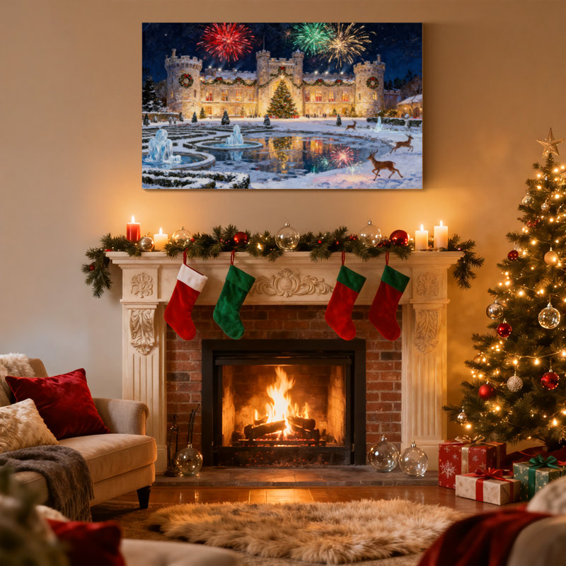 «Christmas Christmas Castle Fireworks Snow Deers Lights Garden», ensemble de 3 impressions d'art sur toile, H 16 po x l 24 po
