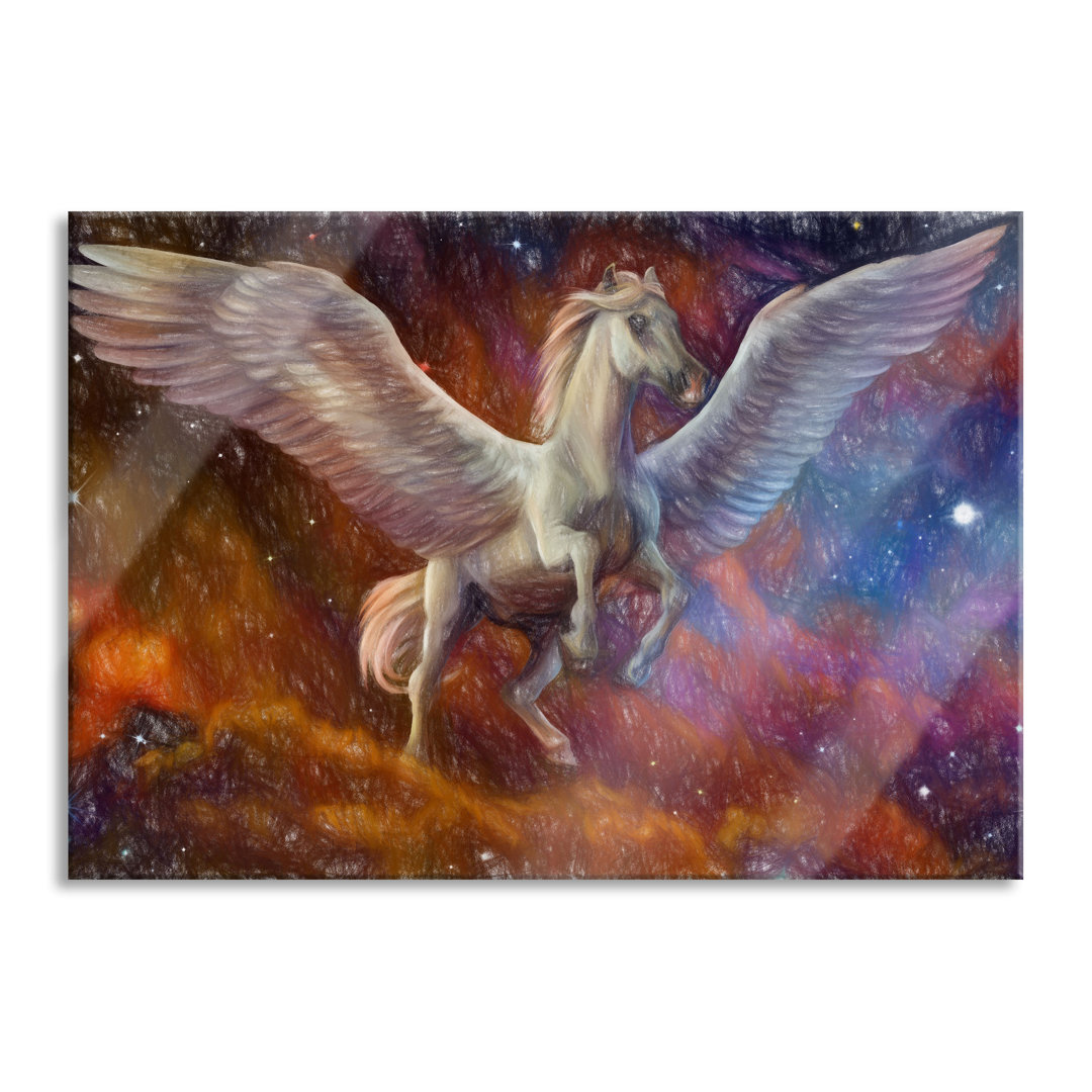 Glasbild Weißer Pegasus mit Engelsflügel