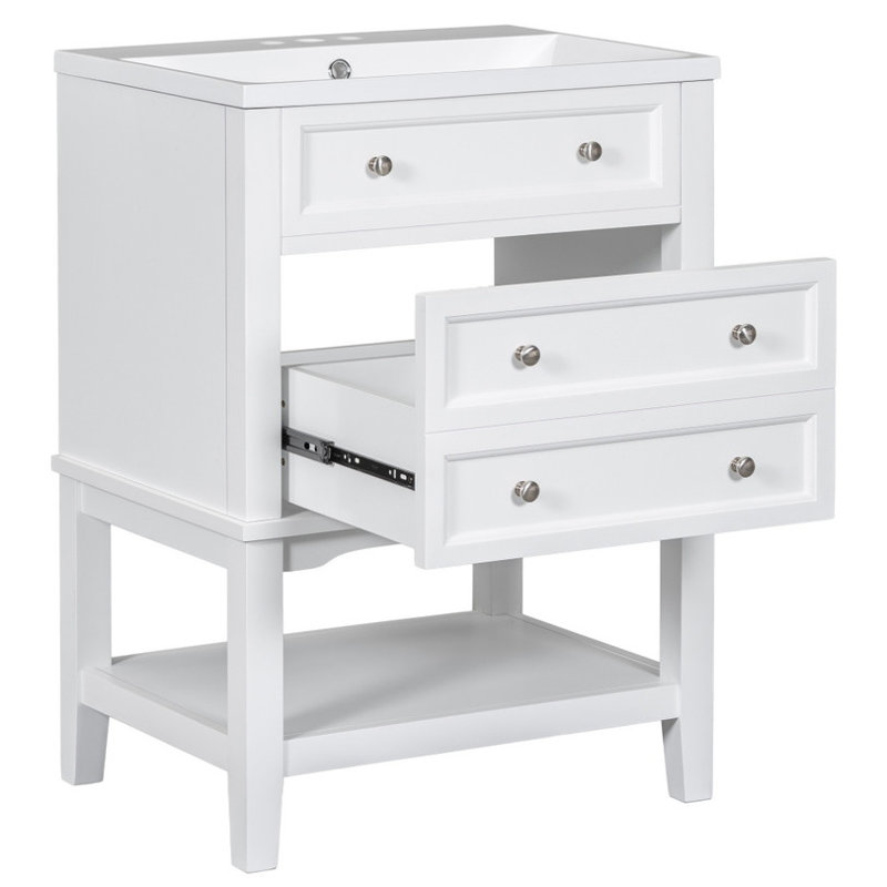 Meuble-lavabo 24 po avec lavabo | Structure en bois massif, tiroir et tablette ouverte | Solution de rangement compacte