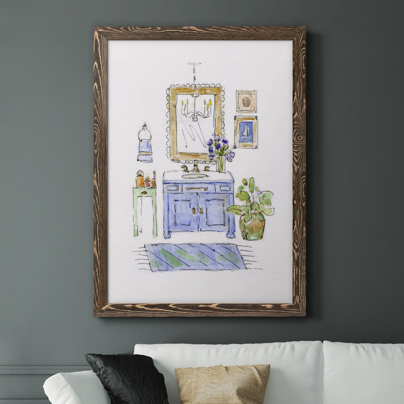«Sketchy Bath II», peinture sur toile encadrée, H 31,5 po x l 23,5 po x P 1,5 po, Encadré de bois de noyer