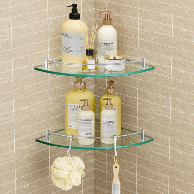 2 Pack Floating Glass Corner Shelf For Bathroom Tempered Glass With Rail Wall Mounted