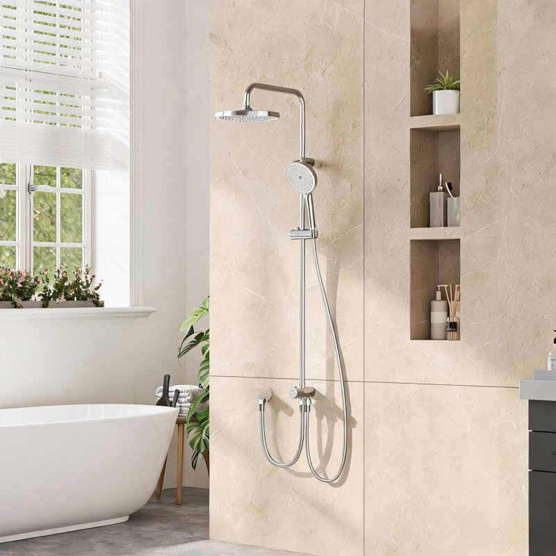 Modern Rainfall Shower System, 25cm Round Stainless Steel Overhead & Handheld Shower Heads, Adjustable Telescopic Rail - Easy Install