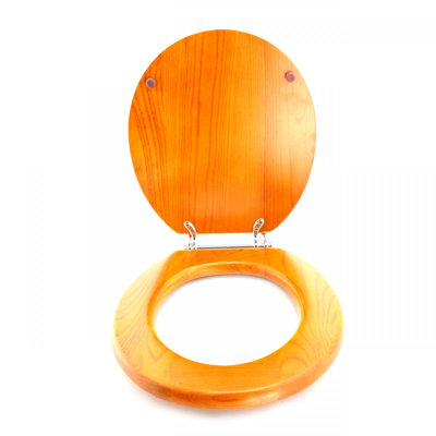Siège de toilette rond en bois Golden Oak avec charnières et stabilisateurs chromés