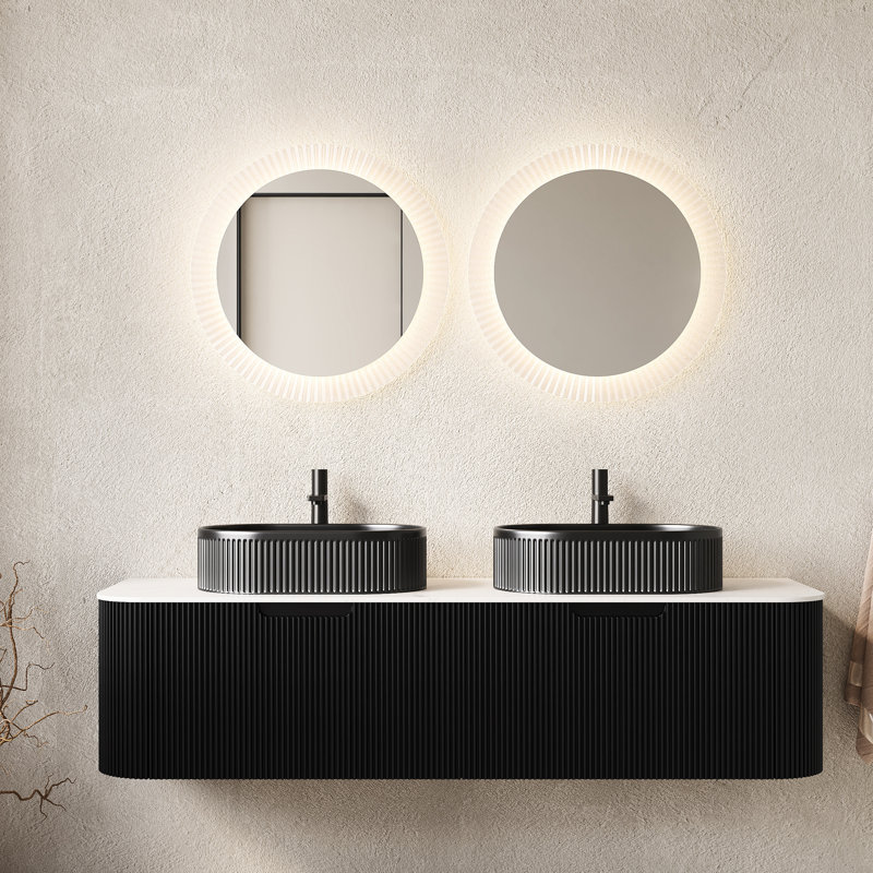 Meuble-lavabo 60 po, 2 tiroirs, vasque noire, rayé 3D mat, comptoir, glissières de tiroir à fermeture en douceur, meuble-lavabo pré-assemblé avec lavabos en céramique, conception flottante, panneaux rayés, système de dureté,