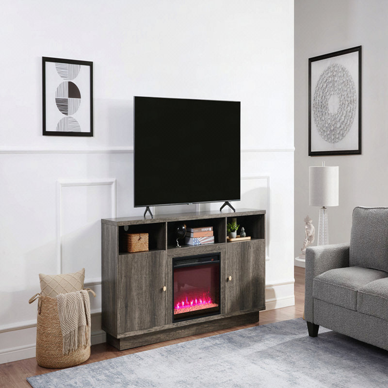 Meuble télé 70 po avec finition noyer gris 70 po avec chaufferette, lumière DEL, armoires, tablettes