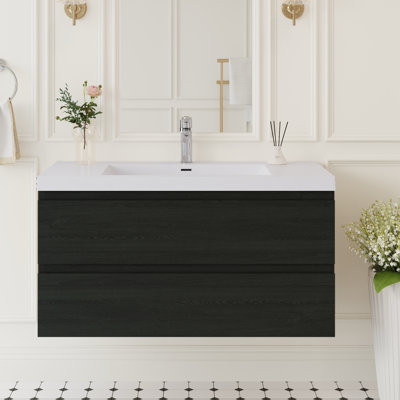 Meuble-lavabo mural simple 42 po avec plateau intégré en résine, 2 tiroirs à fermeture douce, ensemble complet, noir brillant