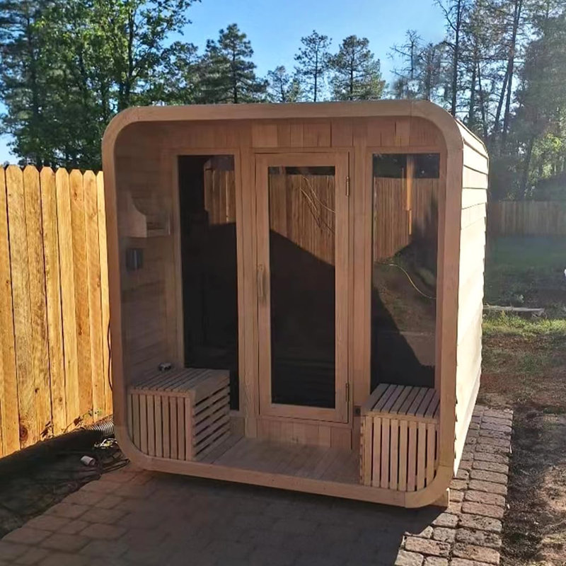 Smartmak® 4-5 Person Outdoor Wood Steam Sauna Room with Porch Design, Traditional Canadian Red Cedar Wooden Saunas Spa, ETL-Certified Heater, Rocks, Light, Headrest, Backrest, 195℉