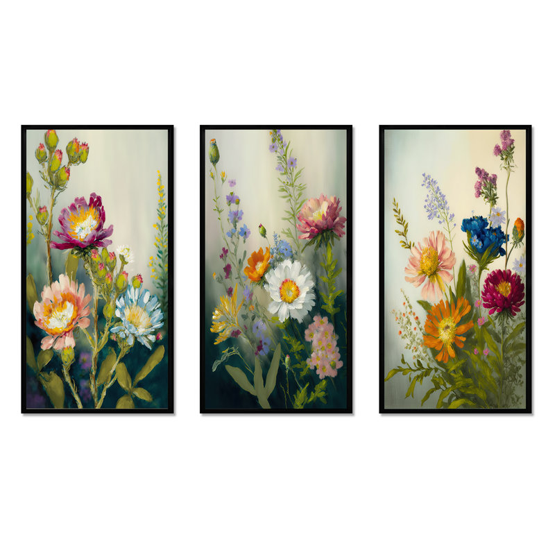 Ensemble d'impressions 3 pièces - Fleurs sauvages peintes, H 40 po x l 60 po, Cadre flottant noir
