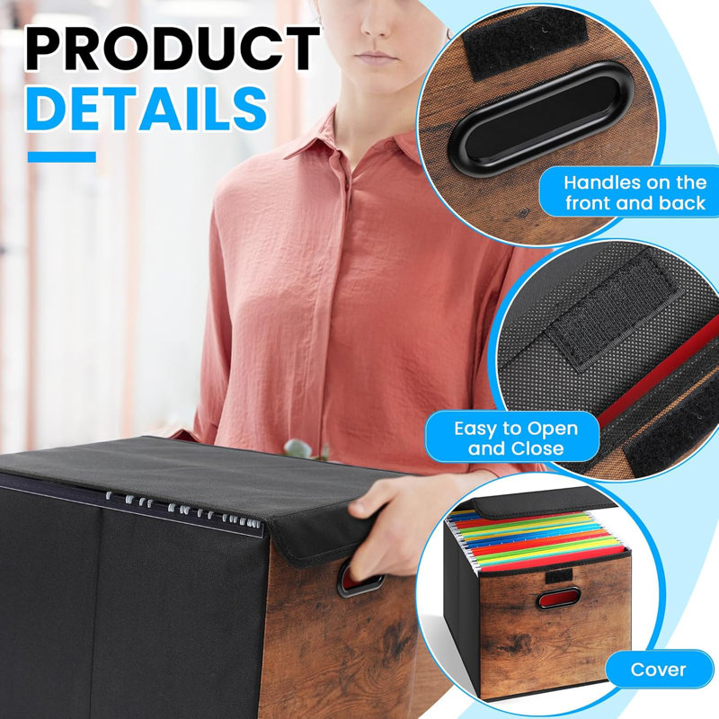Decorative File Organizer Box With Wood Grain Pattern, Portable File Folder Box With Lid, Easy Slide, Durable Hanging, Collapsible, Polyester, For Letter Legal Storage, Office, Home, Wooden Decor