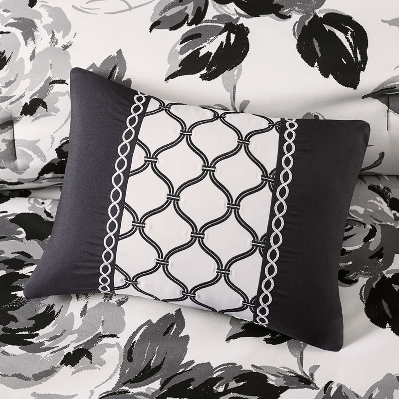 Édredon pour lit double / grand ultra doux à motif floral noir et blanc, 2 taies décoratives, coussins décoratifs, impression pleine grandeur lavable à la machine avec tissu, décoratif