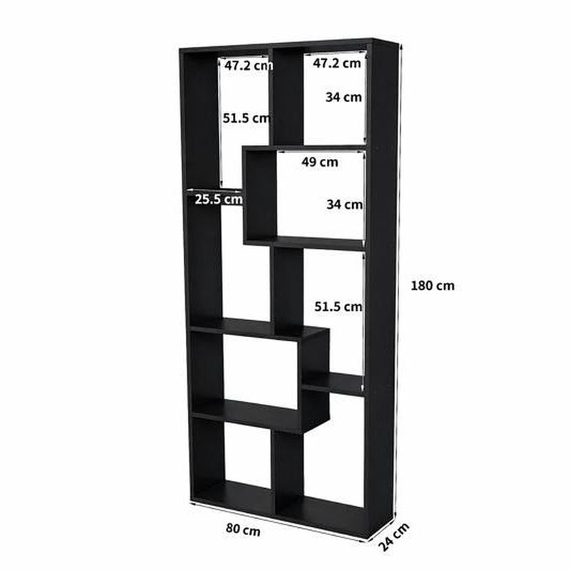 Étagère de présentation asymétrique et bibliothèque, 5 niveaux, noir, (5 tablettes) H 70,87 po x l 31,5 po x P 9,45 po, Noir