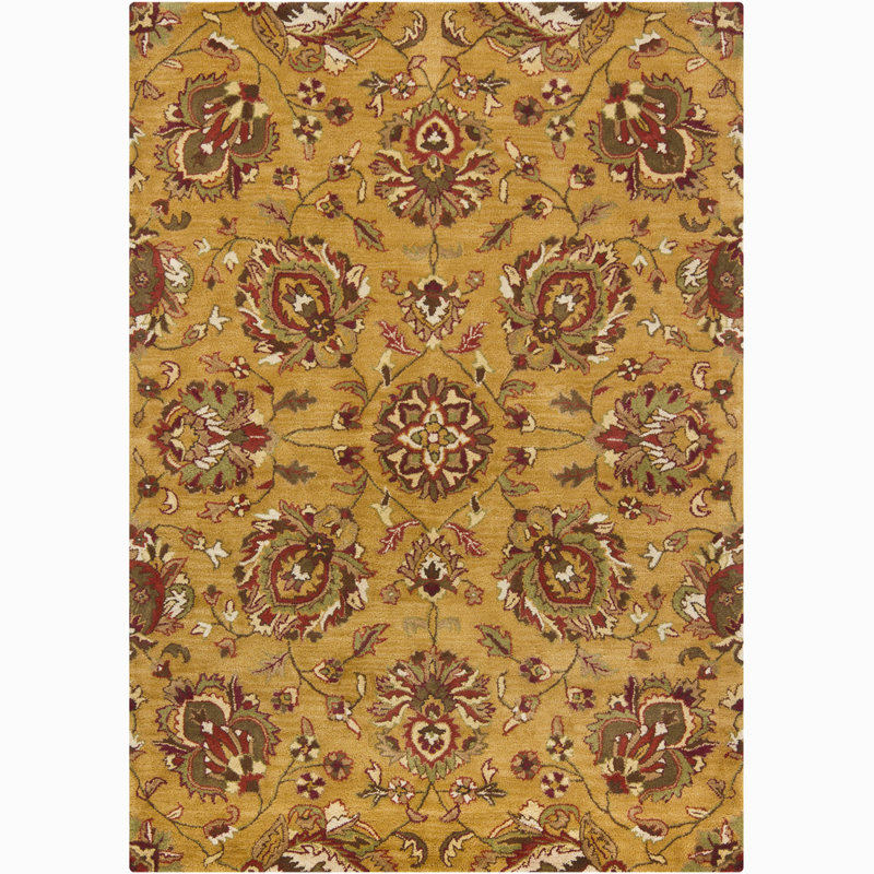 Tapis oriental traditionnel en laine touffeté à la main doré, rouge rouille, vert sauge et brun Bartz