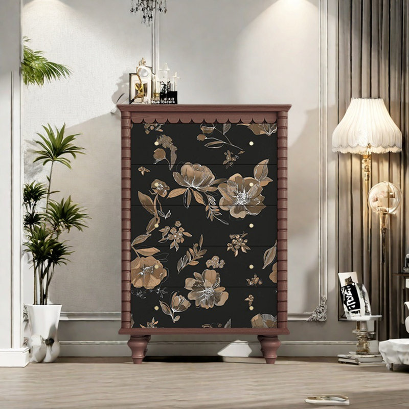 Retro Five-Drawer Storage Cabinet Accent Chest, Walnut