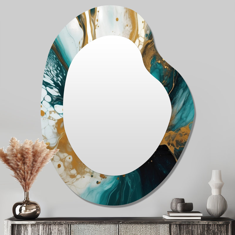 Turquoise et or sculptant l'espace - forme géométrique unique, miroir mural décoratif unique, grand miroir asymétrique turquoise, impression d'art en métal
