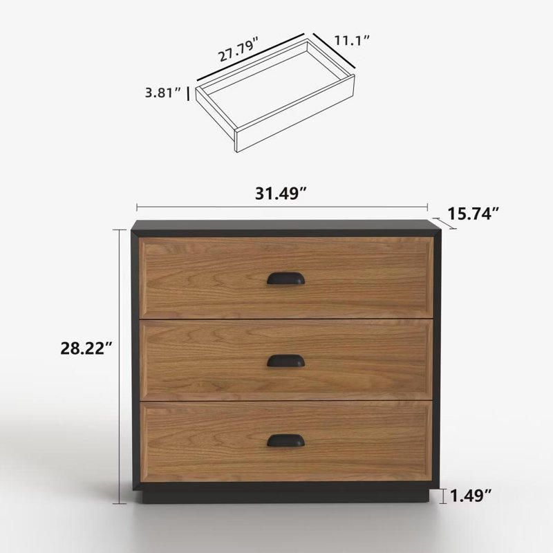 Rangement de bureau moderne en bois d'ingénierie à 3 tiroirs 31,49 pouces avec cadre noir pour bureau à domicile