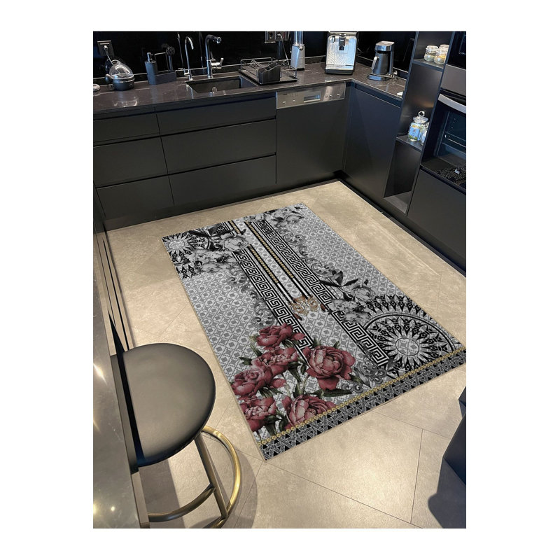 Tapis décoratif lavable à la machine noir à motif floral noir, Sous-tapis rectangulaire de 3 pi 3 po x 4 pi 11 po