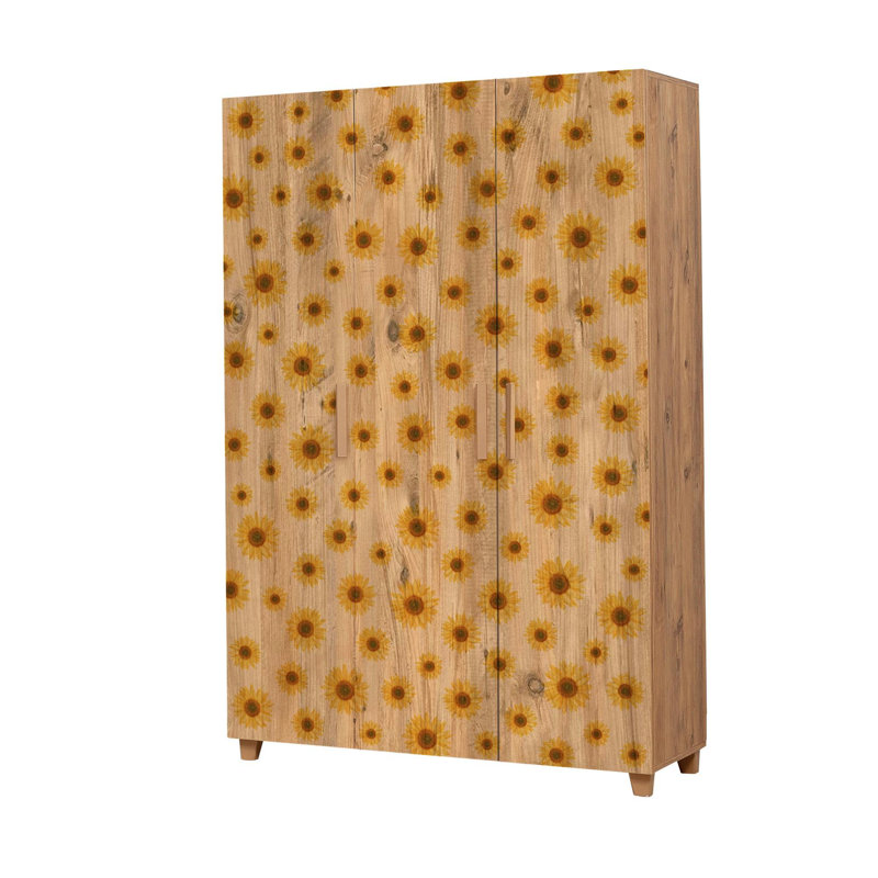 Stylish Atlantic Pine Wardrobe with Numerous Shelves, 47.2 x 74.4 x 18.9 inches | 100% Melamine Coated Particle Board, PVC Edge Banding, MDF Handles, and Durable Plastic Legs | Wall-Mountable, Elegant Flower Concept Design