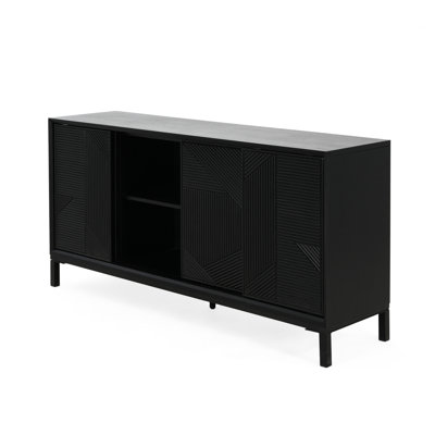 Modern Geometric Cabinet - Black, Sliding Door Design, Veneer Top, Two Drawer Storage Space, Sleek Door, Wood Drawers, And