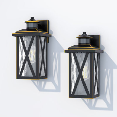 Black 12.5''H Motion Sensor 1-Light Outdoor Wall Lantern with Water Glass Shade Waterproof