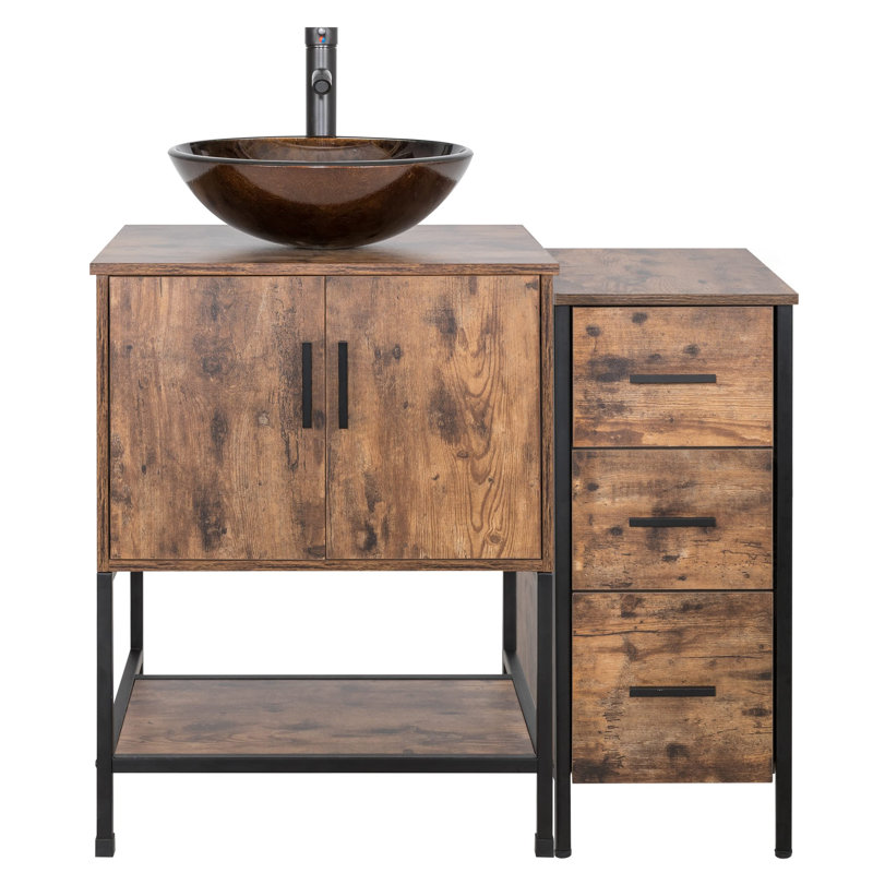 Conrado 36" Rustic Bathroom Vanity Set with Wood Top, Glass Sink, Water Saving Faucet, Brown, Brown