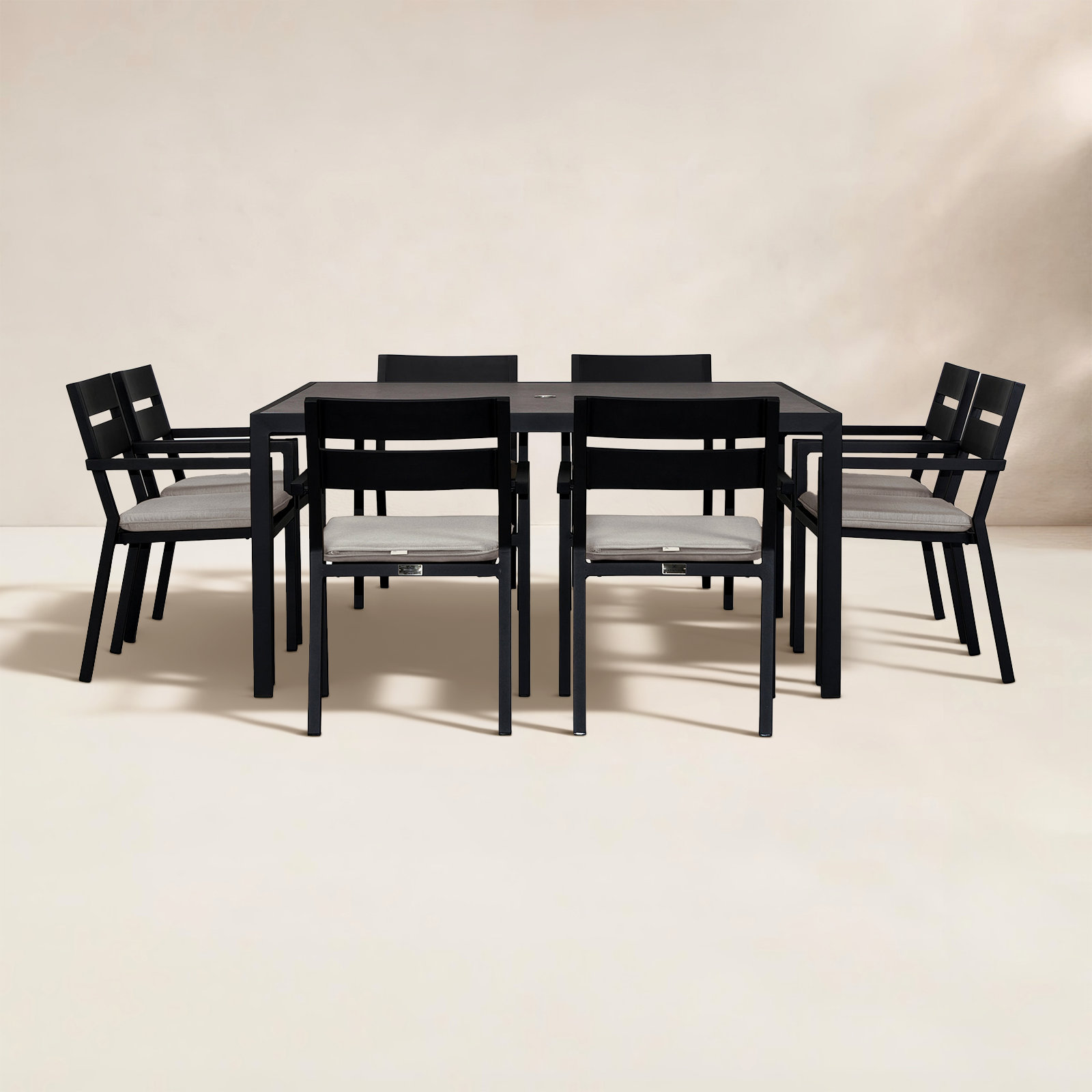 Vivant Square 8 - Person Outdoor Dining Set with Cushions, Canvas Regatta Sunbrella® Canvas, Black