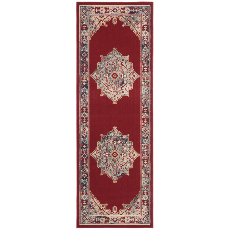 Doucet 300 Pes/Cotton/Pp/Latex Oriental Rug in Red/Aqua, Runner 2'9" x 8'