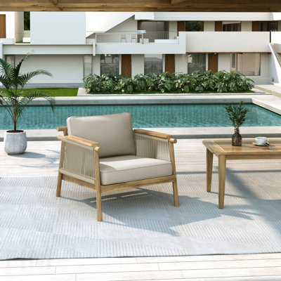 Sumbawa Outdoor Club Chair, Stylish Teak Finish With Rope-Woven Arms For Patio And Sunroom Relaxation