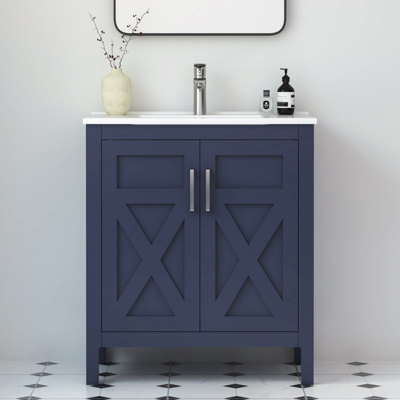 Ensemble de meuble-lavabo autoportant 30 po Amandie en bleu marine avec plateau en céramique blanche, Bleu marine