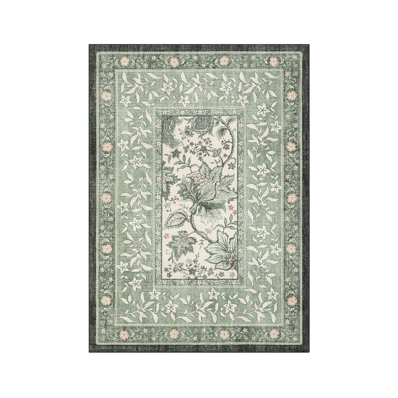 Border Botanical Area Rug 5 x 7 Ft for Dining Room, Green Cream
