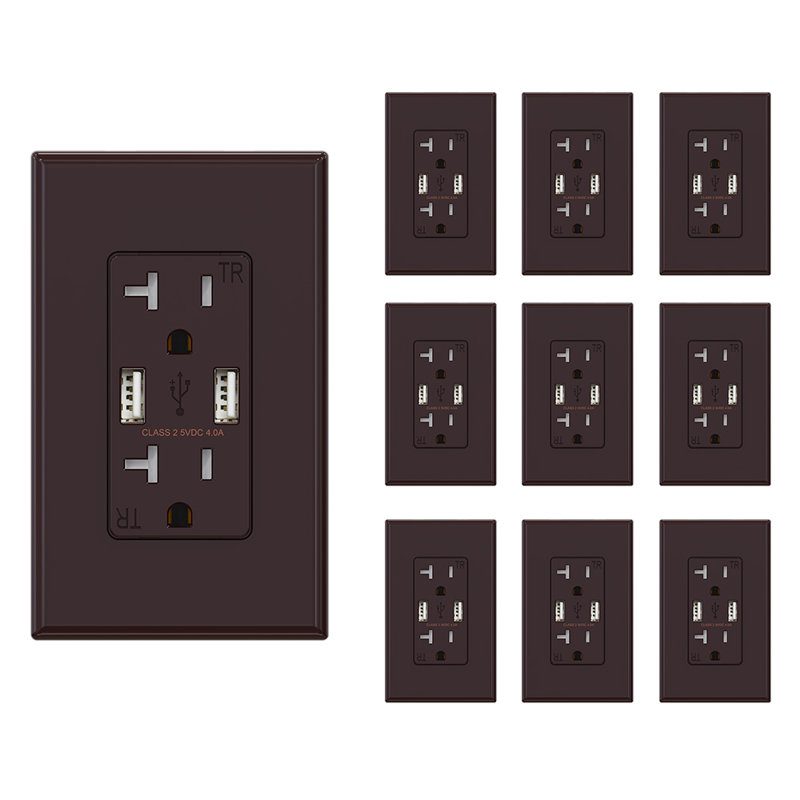 Prise USB, inviolable, plaque murale incluse, Brun