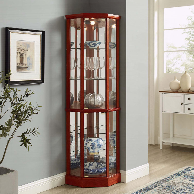 Vitrine de coin lumineuse à 6 tablettes avec tablettes en verre trempé, Cerisier