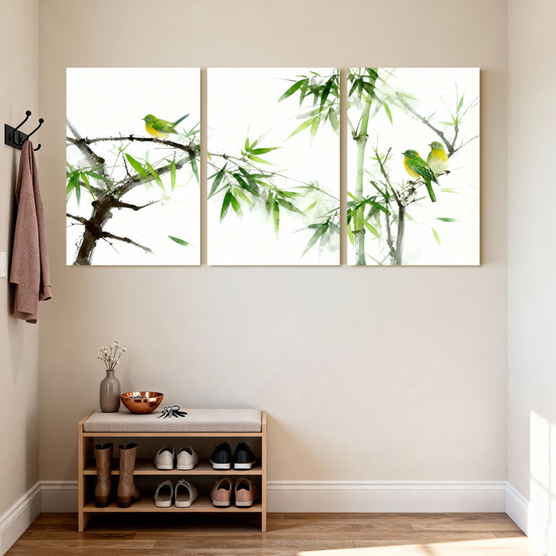 «Bamboo and Birds», reproduction d'art sur toile tendue à l'aquarelle (ensemble de 3), H 30 po x l 60 po