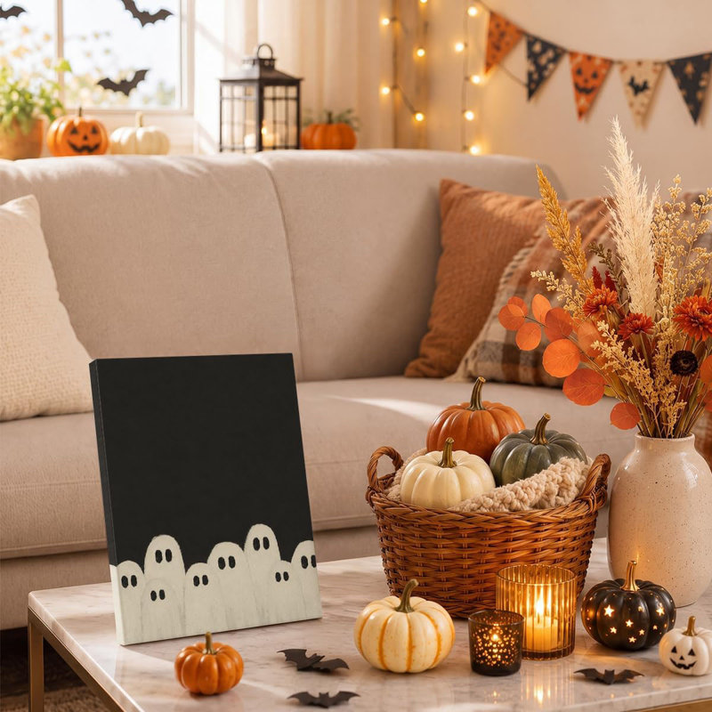 Minimalist Ghost Group Halloween Canvas Wall Art Black White Modern Decor