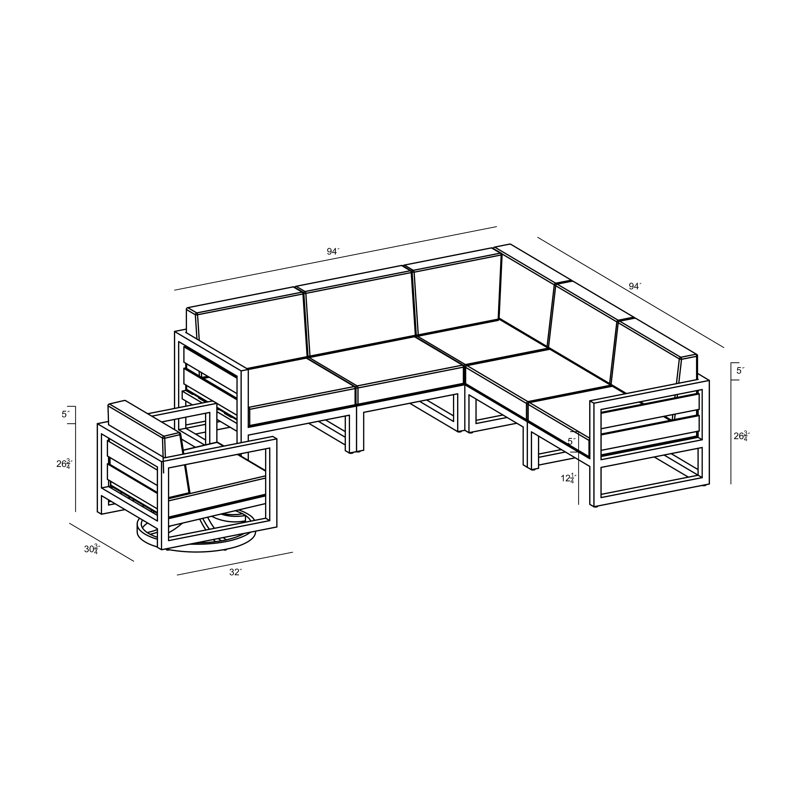 Avion 6 Piece Sectional Set With Swivel, Slate, Cast Lagoon Sunbrella® Plainweave
