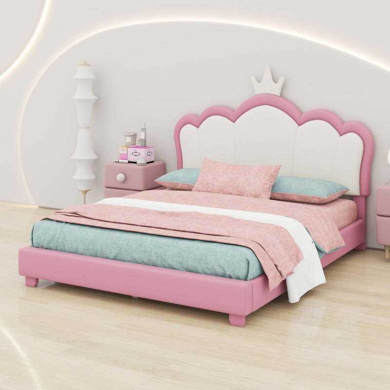 Lit princesse rembourré avec tête de lit couronne, Rose